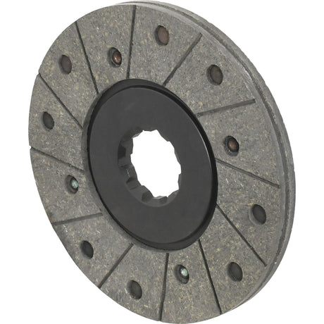 The Brake Friction Disc, OD 165mm - S.38203 from Sparex, is a circular friction disk featuring a black central hub and radial grooves with multiple small holes around the perimeter. It is equipped with an organic lining for enhanced durability.