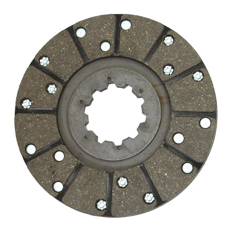 Close-up of a round, metallic Brake Friction Disc from Sparex (OD 178mm - S.38206) with a central hub and radial grooves, featuring multiple rivets, organic lining, and Splines 10 design for mechanical applications.