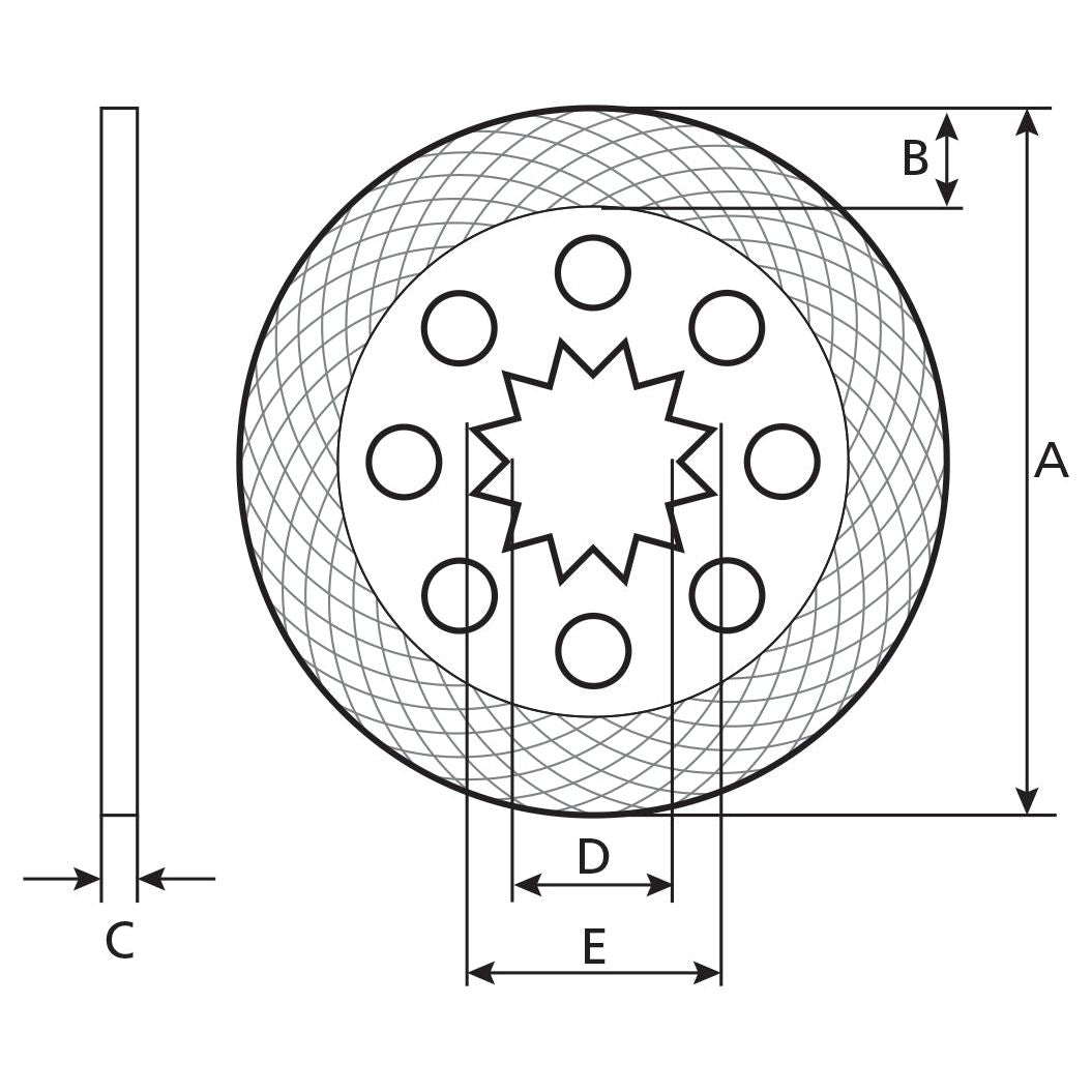 Engineering diagram of a Brake Friction Disc (product code S.69926) featuring a circular component with an internal star-shaped pattern and eight circular holes. Dimensions labeled A, B, C, D, and E are annotated on the diagram. The side view is shown on the left. Specifications included are provided by Sparex.
