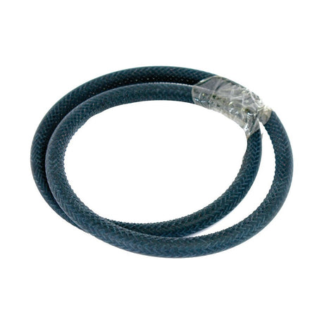 The Brake Hose | Sparex Part No.S.37639, a coiled dark blue braided hose from the brand Sparex, commonly used with Deutz-Fahr machinery, features one end wrapped in transparent plastic.