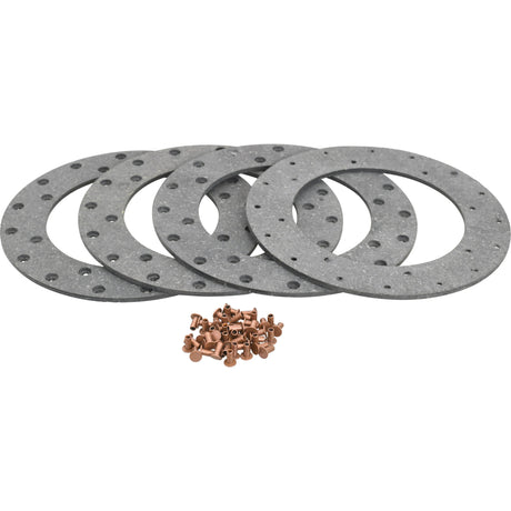 Four round, grey perforated gaskets and a small pile of copper-colored fasteners, all under the Brake Lining Kit Disc, OD 228mm (Sparex Part No. S.37616) branding on a white background.