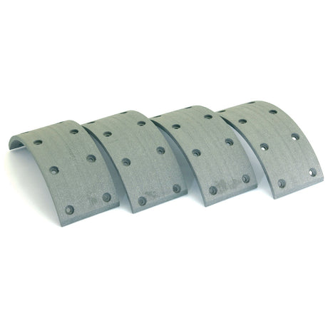 Four curved metal brake pads with multiple holes aligned in a row on a white background, showcasing the precision expected from the Sparex Brake Lining Kit Shoe (Length: 187mm; Part No. S.58601).