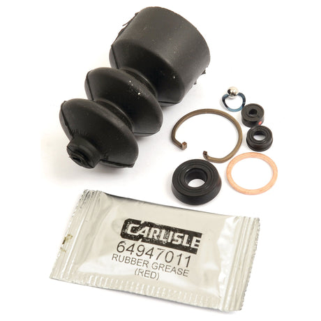 A disassembled Sparex Brake Master Cylinder Repair Kit (Sparex Part No. S.102701) featuring various components, including seals, rings, rubber boots, and a packet of Carlisle 64947011 red rubber grease, all compatible with vegetable oil, displayed on a white background.