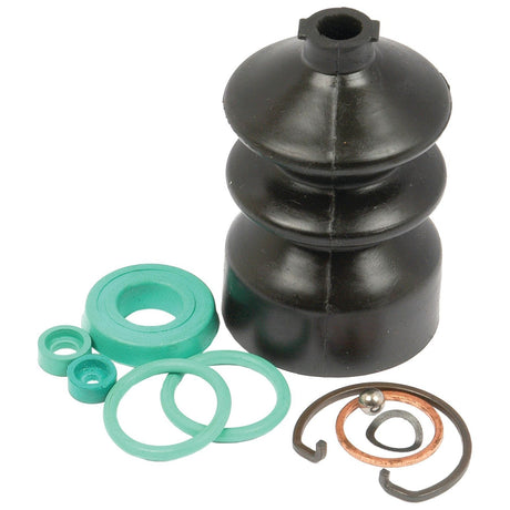A black rubber boot and various green and metallic sealing rings, including an O-ring and a retaining clip, typically used in automotive applications like the Sparex Brake Master Cylinder Repair Kit (Part No. S.42032), which can also be used in machinery such as Massey Ferguson tractors.