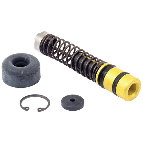 The components of this mechanical device include a coiled spring attached to a yellow and black cylindrical part, a small black snap ring, a black circular rubber piece, and a larger rubber piece with a hole—perfect for your Zetor Brake Master Cylinder Repair Kit by Sparex (Part No.S.64829).