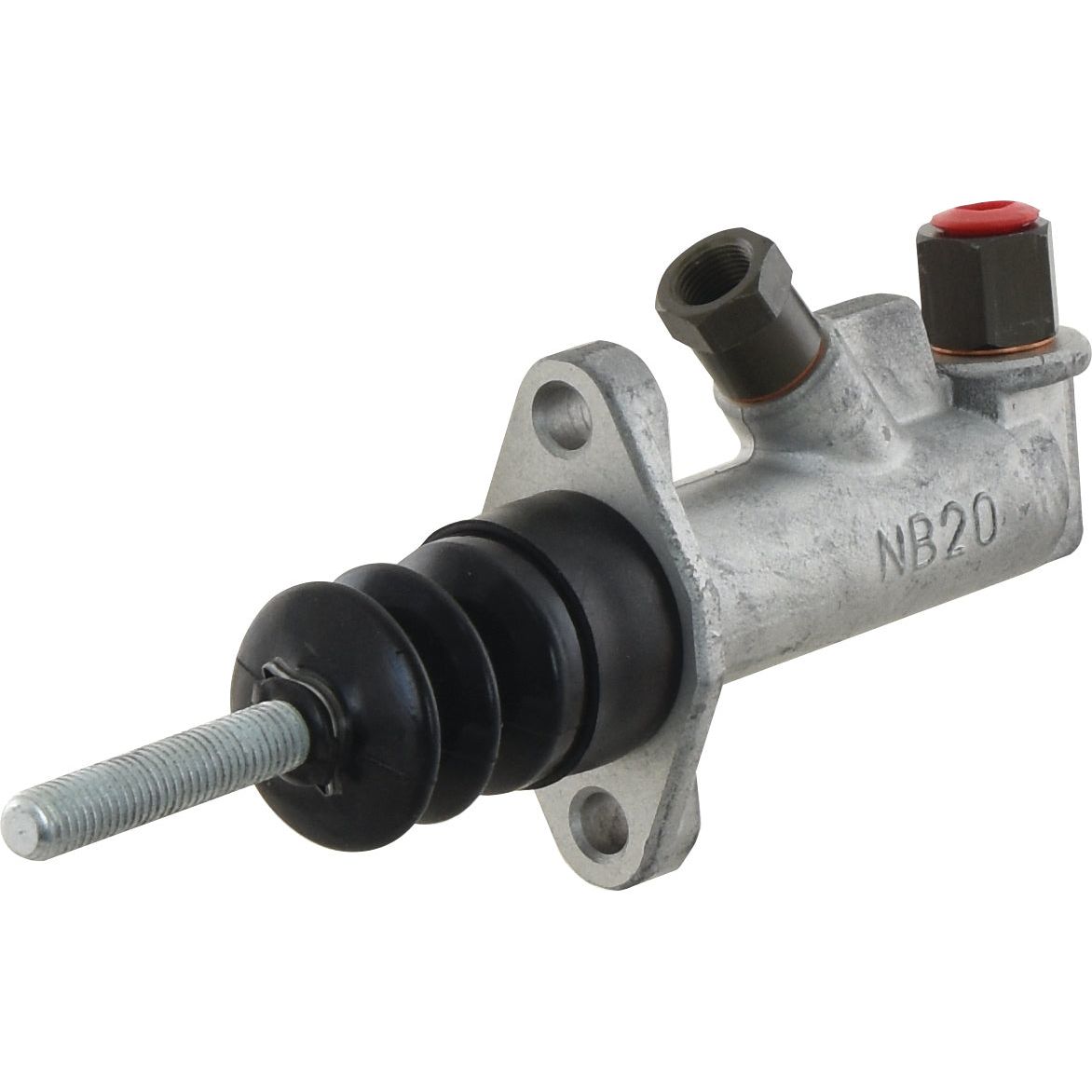 The Sparex Brake Master Cylinder, Part No. S.37384, is a metal clutch master cylinder featuring a threaded rod, rubber boot, and two ports labeled "NB20," and is compatible with Steyr 8045 tractors.