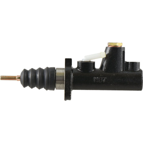 A black Brake Master Cylinder | Sparex Part No. S.37645, featuring a rubber boot and metal components, is shown on a white background. This assembly from the brand Sparex is ideal for use with DOT4 fluid.