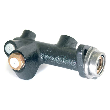 Close-up of the Sparex Brake Master Cylinder (Part No. S.37646) featuring black hydraulic components made of metal and plastic, designed for automotive braking systems. Compatible with DOT4 brake fluid, this master cylinder ensures reliable performance for various vehicles, including Deutz-Fahr models.