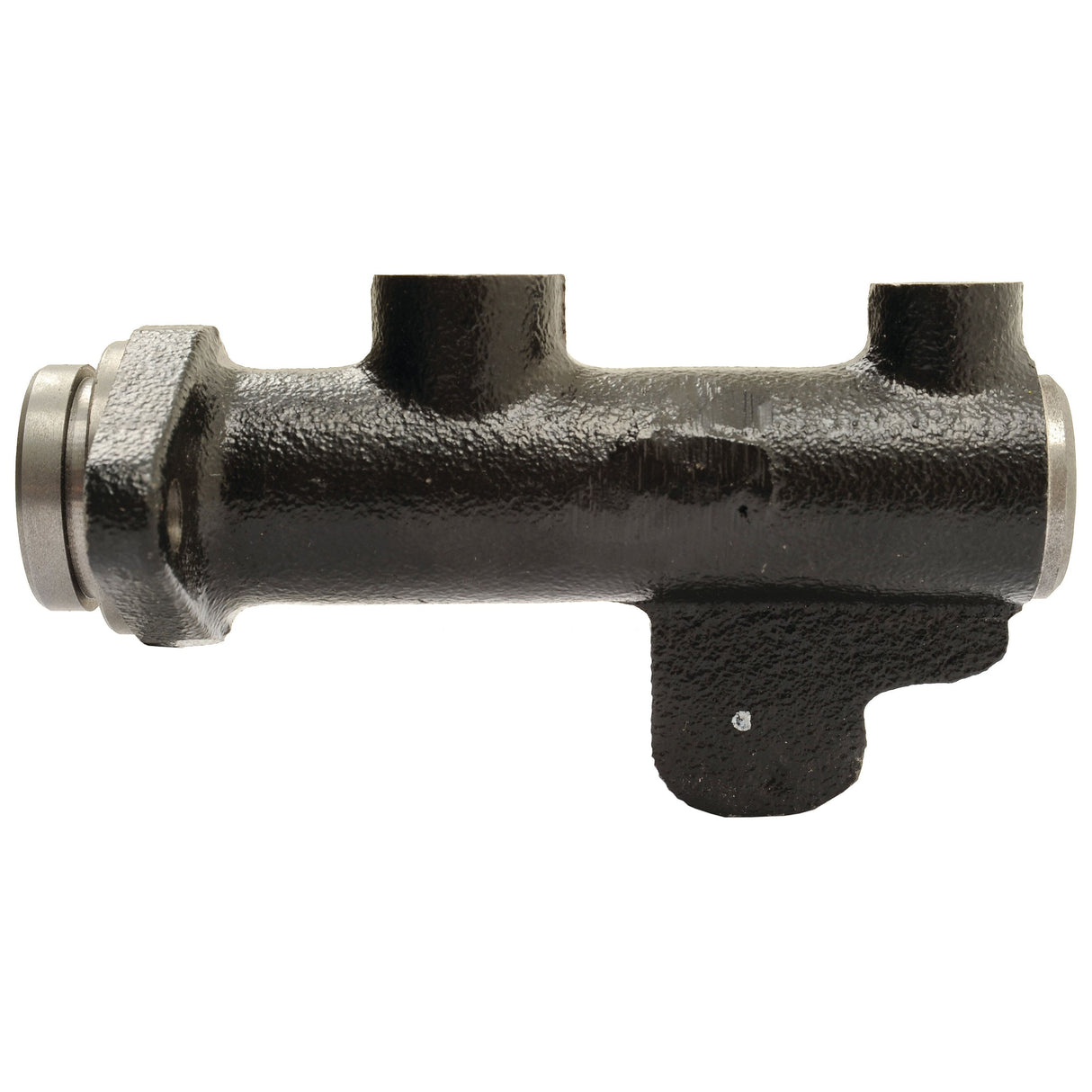 A black, cylindrical metal component resembling the Sparex Brake Master Cylinder (Sparex Part No. S.37648), featuring two protruding ports and a flat mounting bracket on one side.