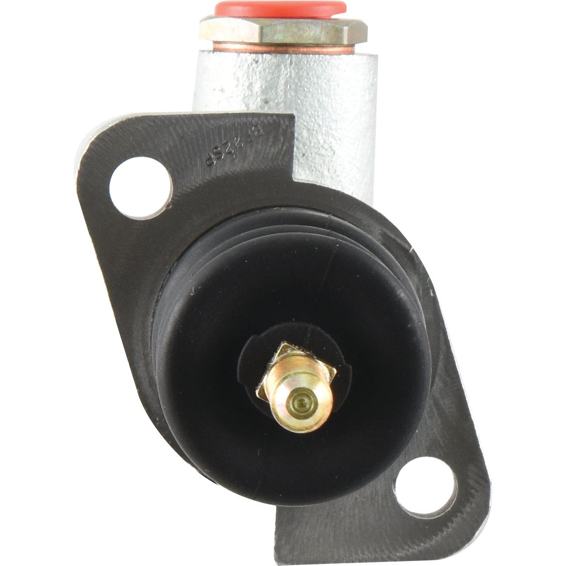 Close-up of a mechanical component with a black cylindrical body, a central brass fitting, and a silver metallic upper section with mounting holes, resembling the Sparex Brake Master Cylinder (Part No. S.37652) for Massey Ferguson 240S.