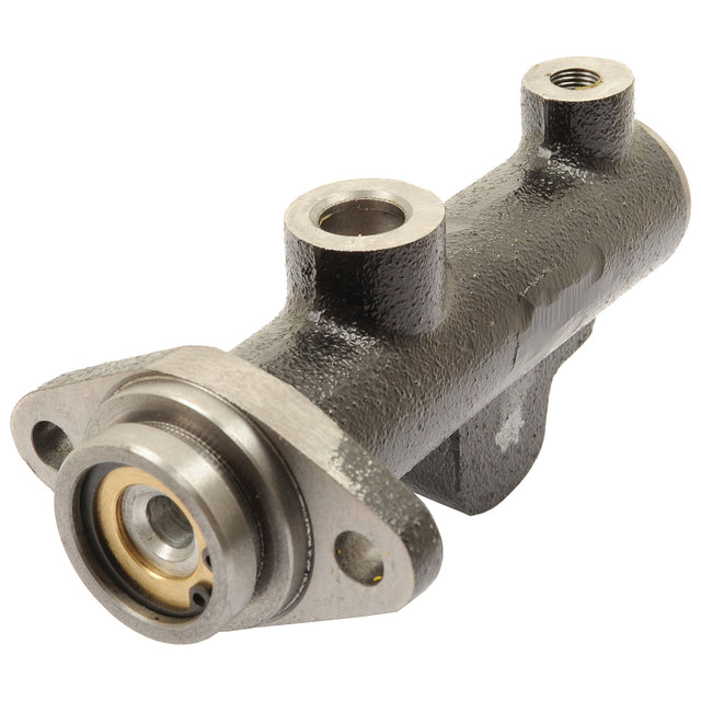 Close-up of a metallic automotive component, specifically the Sparex Brake Master Cylinder (Part No. S.37694), highlighting its threaded openings and cylindrical design.