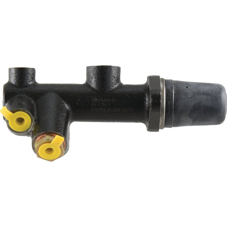 The Sparex Brake Master Cylinder (Part No. S.37694) for Deutz-Fahr AGROXTRA is a black metallic component featuring two yellow caps and metal fittings on one side, with a rubber cap on the opposite end.