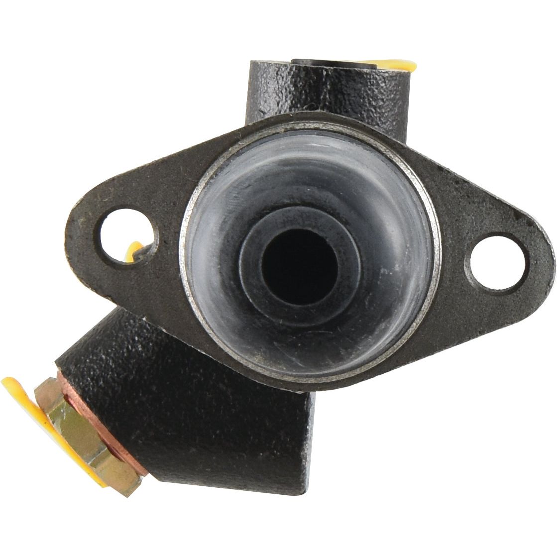 Close-up of the Brake Master Cylinder | Sparex Part No.S.37694 by Sparex, featuring a black metal pipe fitting with two mounting holes and a hexagonal nut capped with yellow plastic, resembling components found in a Deutz-Fahr AGROXTRA brake master cylinder.