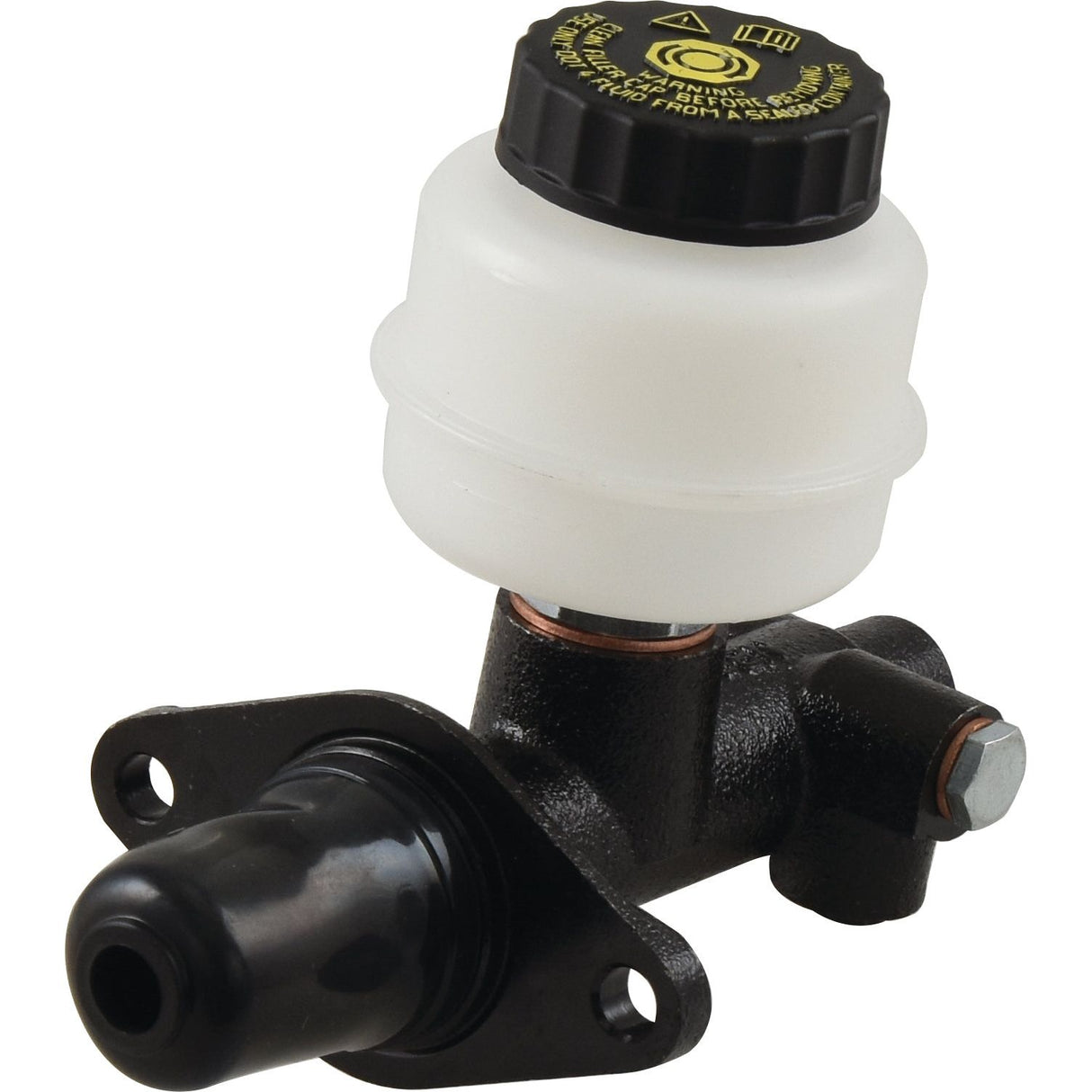 A Brake Master Cylinder (Sparex Part No.S.38219) by Sparex, featuring a black and silver hydraulic clutch master cylinder, a white plastic fluid reservoir, and a black cap, reminiscent of the robust designs seen in Case IH machinery.
