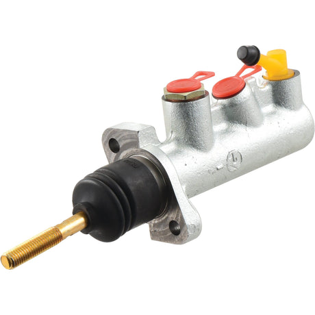The Brake Master Cylinder (Sparex Part No. S.38229) by Sparex features a silver hydraulic body with a black rubber boot and a gold rod extending from one end, along with three capped ports on the top. Designed to ensure durability and seamless integration into your vehicle's braking system.