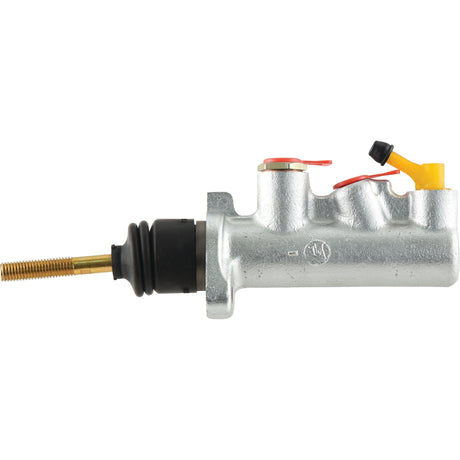 The Sparex Brake Master Cylinder, part no. S.38229, is a Carlisle metal hydraulic brake master cylinder equipped with a threaded rod and rubber boot. It features two fluid ports with plastic caps and is designed for use with mineral oil.