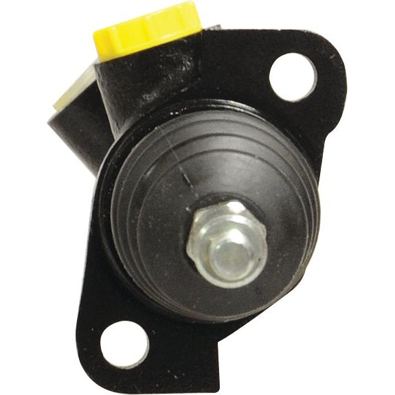 Close-up of the Sparex Brake Master Cylinder (Part No. S.38251) in black, featuring a central bolt and two mounting holes on either side, with a yellow component partially visible at the top. Suitable for Deutz-Fahr AGROTRON models, this Sparex product ensures optimal performance and reliability.