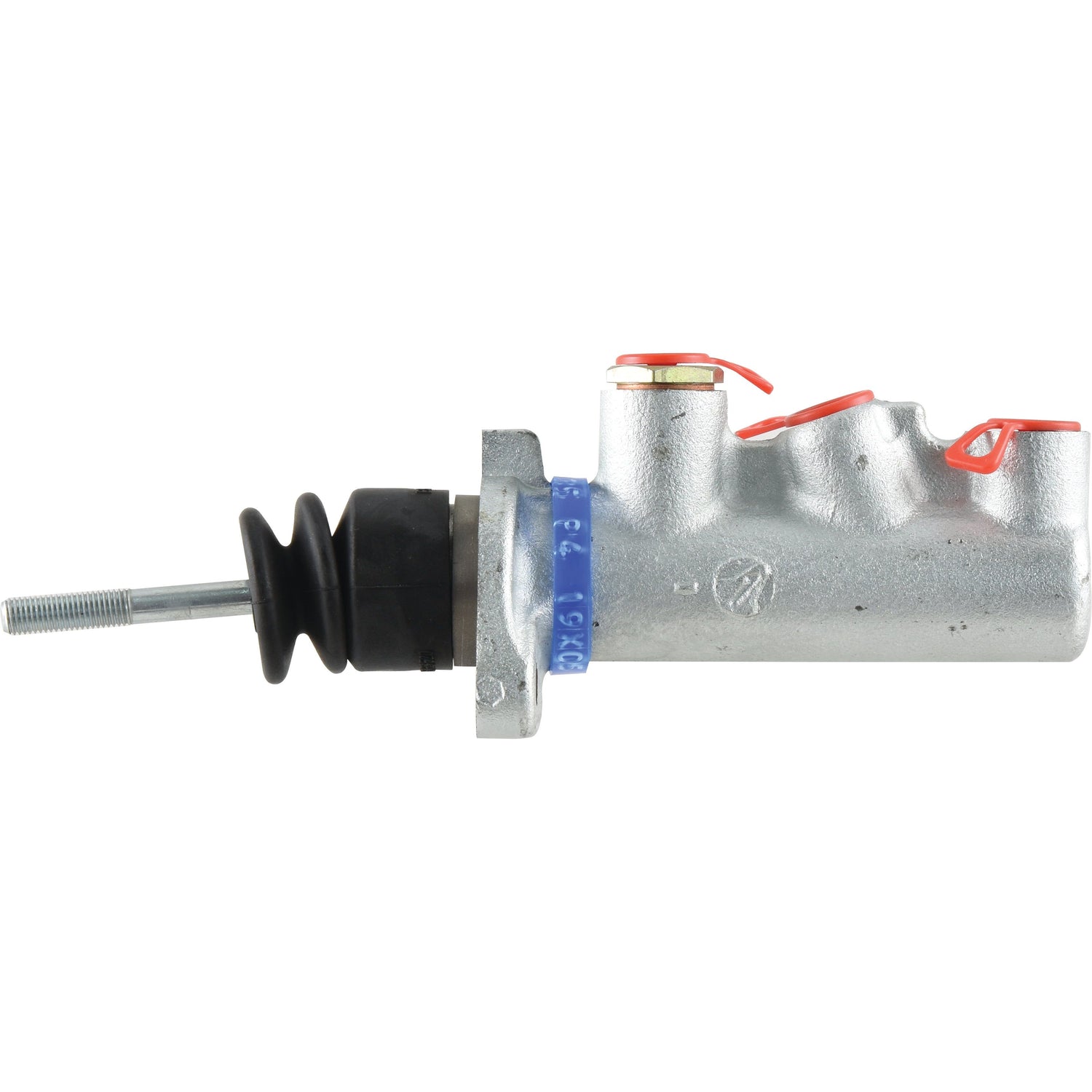 The Sparex Brake Master Cylinder (Part No. S.73037) is a silver automotive clutch master cylinder featuring a black rubber boot, a threaded rod, and red plastic caps on the ports, designed to be compatible with Massey Ferguson models.