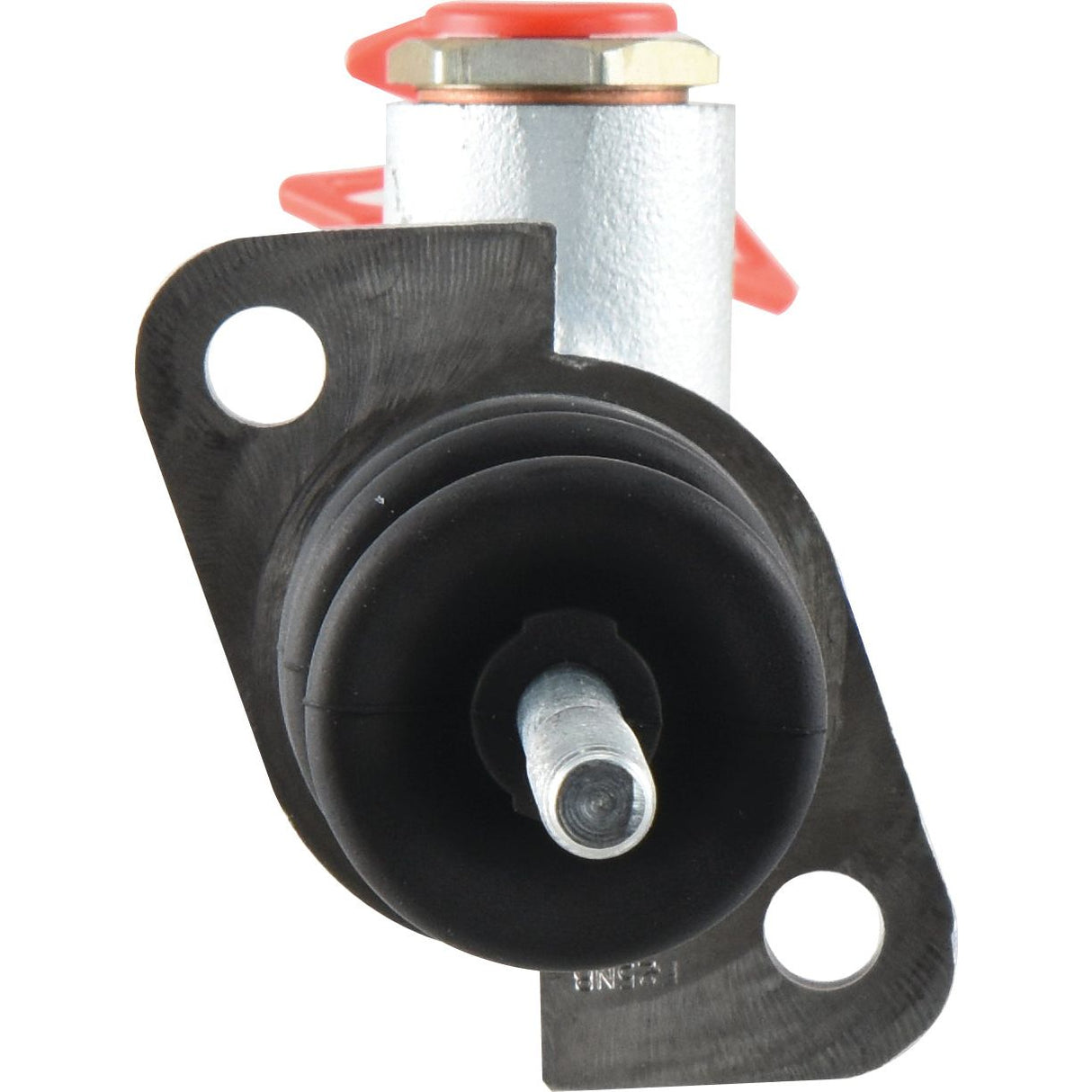 Close-up of the Brake Master Cylinder by Sparex (Part No. S.73037), featuring a metal body and a black circular rubber component. Two bolt holes are visible on either side of the rubber section, making it ideal for use in Massey Ferguson machinery.