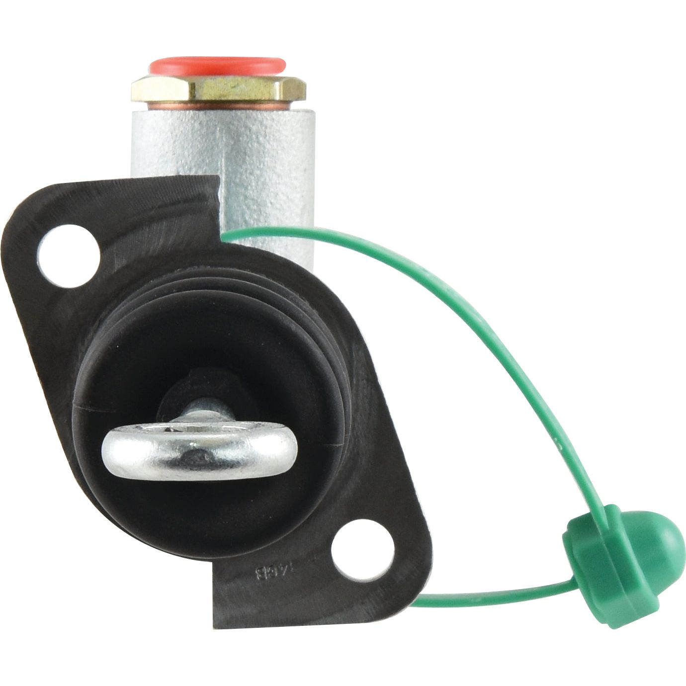 Close-up image of a metallic automotive part, likely the Brake Master Cylinder (Sparex Part No. S.73145), with a green cap attached by a wire. The part, branded as Sparex, features a ringed handle and two mounting holes.