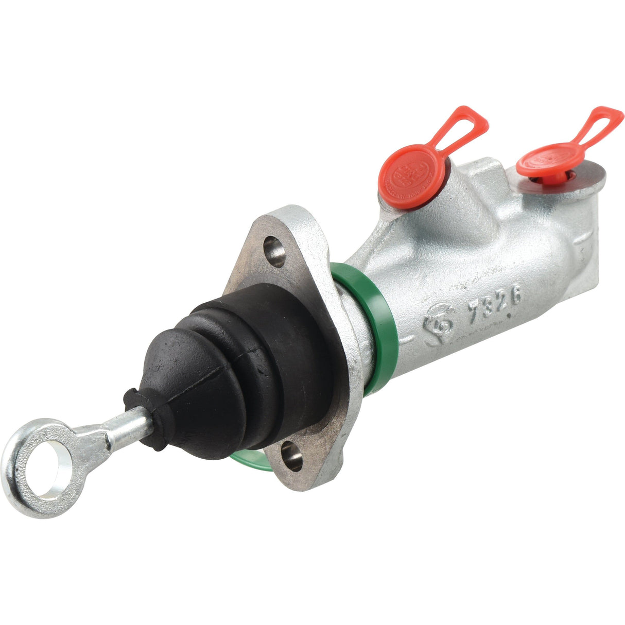 The Sparex Brake Master Cylinder (Part No. S.73176) is a silver and black unit featuring two red-capped valves and a metal mounting bracket, specifically designed for compatibility with Case IH.