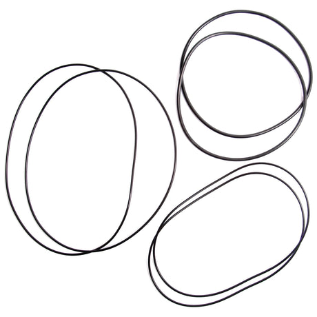 Three black rubber bands of varying shapes and sizes, reminiscent of the Sparex Brake O Ring Kit for Case IH (Part No. S.59597), are laid out on a white background.