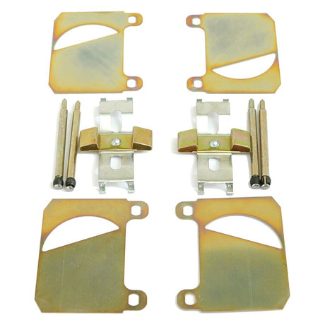 A set of metallic hardware components, including brackets, pins, and plates from the Brake Pad Fixing Kit by Sparex (Part No.S.37320), arranged symmetrically on a white background.