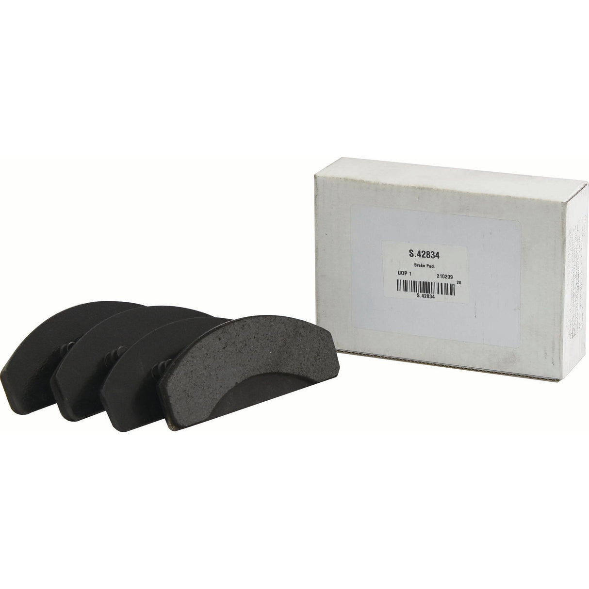 Four black brake pads are shown next to a white box labeled with the Sparex Part No. S.42834, containing the Brake Pad Set from the Sparex brand.