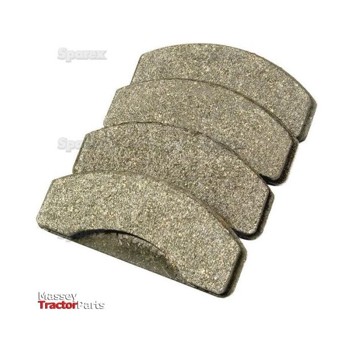 Four curved metallic brake pads stacked together, labeled "Sparex" at the bottom, compatible with Massey Ferguson and Sparex systems. Product Name: Brake Pad Set | Sparex Part No. S.42834