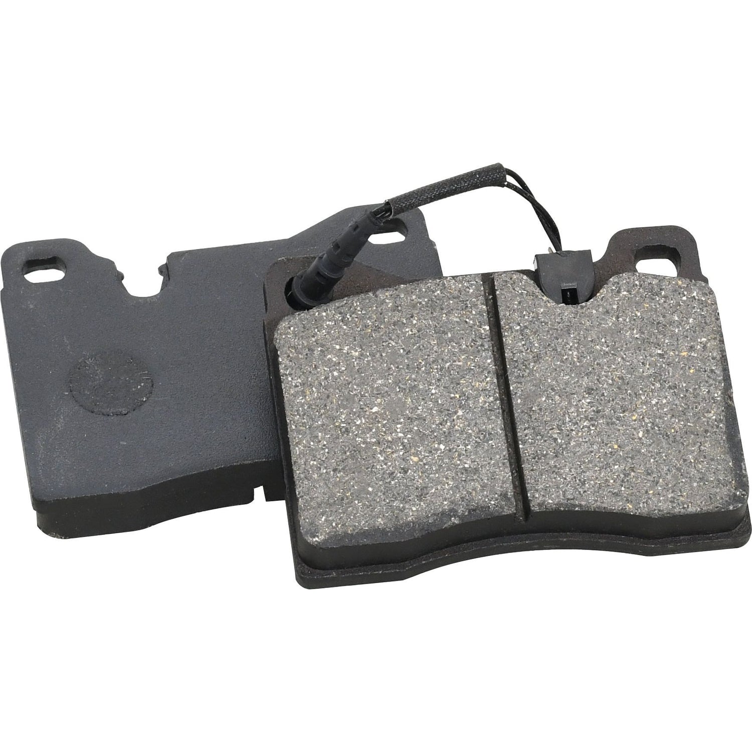 Two Sparex brake pads (Sparex Part No. S.58650), one black, flat, and other leaning on it with a wire sensor, ensuring durability and reliability with quality components.