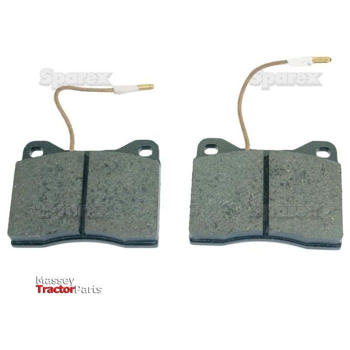 Two Sparex brake pads, part number S.58650, with attached wires, suitable for tractor machinery, displayed on a plain white background. These high-quality parts also meet the standards of other brands like Deutz-Fahr and Fendt. Perfect for ensuring optimal performance in demanding agricultural tasks.