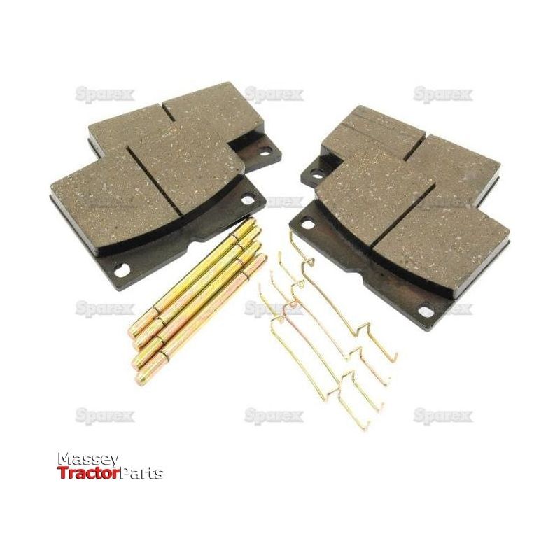 A set of four brake pads along with retaining pins and clips displayed on a white background. The image features the text "Sparex" and "Massey Tractor Parts" in several places, emphasizing key product specifications ideal for JCB FASTRAC models. Product Name: Brake Pad Set | Sparex Part No. S.70801 | Brand: Sparex