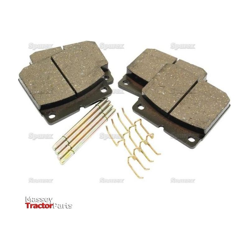 A set of four brake pads featuring six metal pins and six metal brackets arranged on a white background. The brand logo "Massey Tractor Parts" is visible in the lower left corner. Ideal for the Brake Pad Set Rear (Sparex Part No.S.70802) for JCB FASTRAC machinery, showcasing quality parts by Sparex.