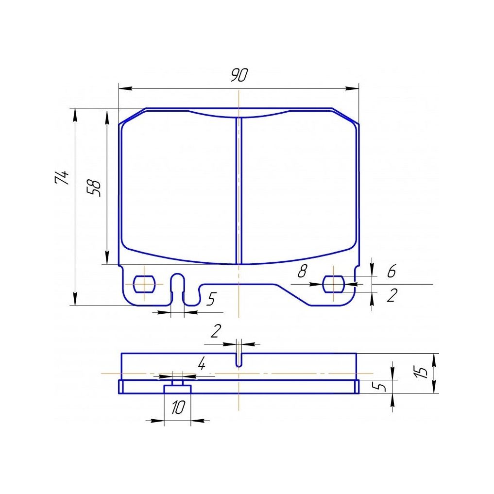 Technical drawing of the Brake Pad Set with multiple dimensions labeled, including 90mm width, 74mm height, and various other smaller measurements; suitable for use in Claas and Deutz-Fahr machinery. (Sparex Part No.S.37611)