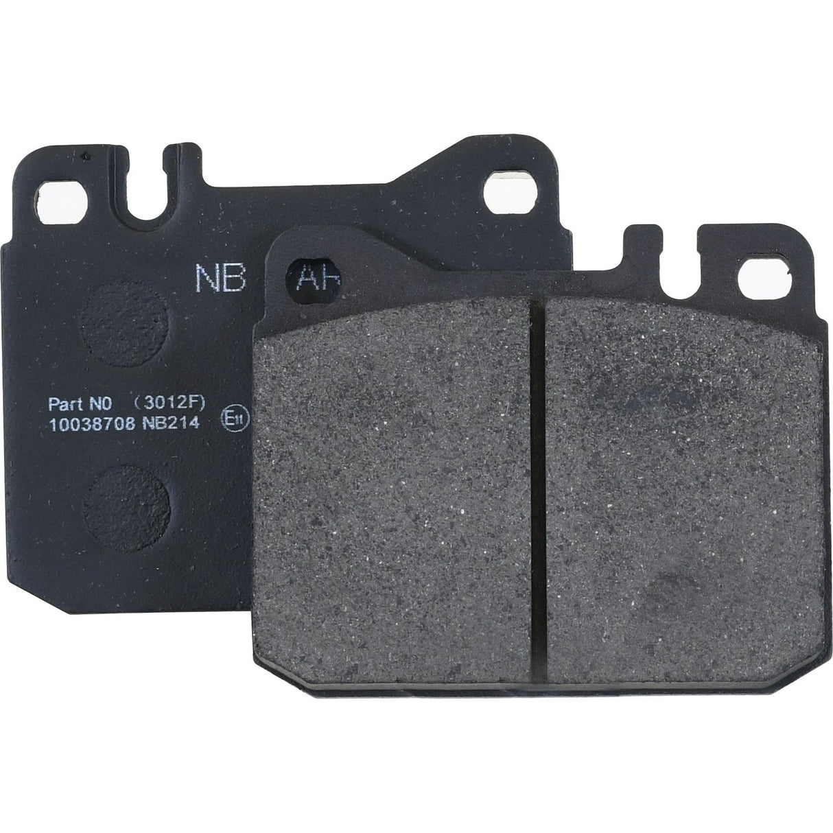 Close-up of two black brake pads from the Sparex Brake Pad Set (Sparex Part No. S.37611), with one displaying the friction surface and the other showing engraved part numbers and letters, suitable for Claas or Deutz-Fahr machinery.