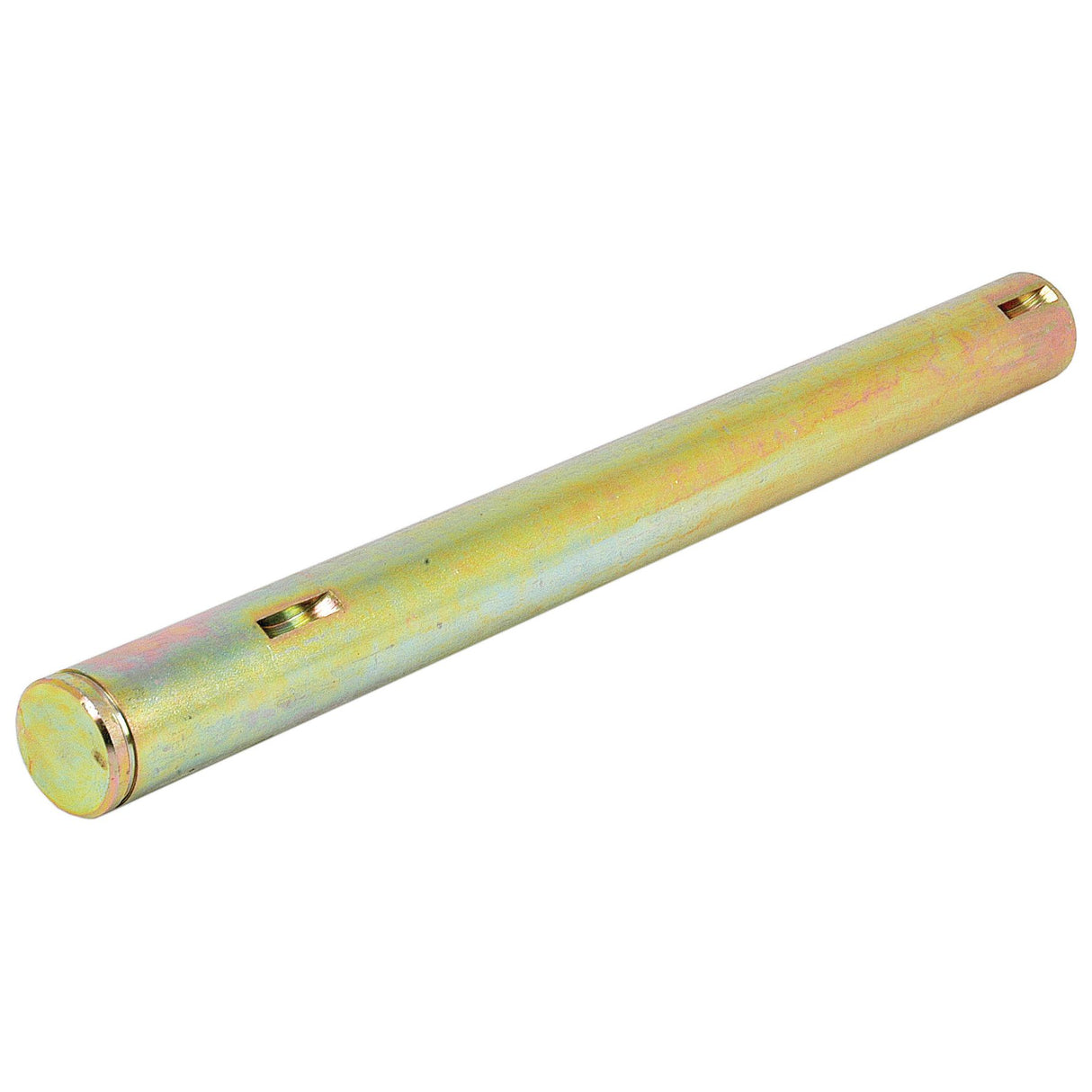 A cylindrical metal rod with a zinc coating, resembling the Sparex Brake Pedal Shaft (Part No. S.42593), featuring two rectangular slots on one end.