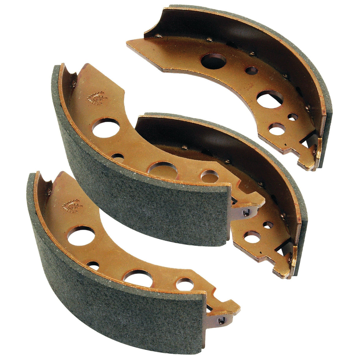 Three brake shoes arranged in a stack, displaying their friction lining and metal backing, are ideal for use with Ifor Williams trailers. This is part of the Brake Shoe Kit (2 pairs) - S.23228 from Sparex.