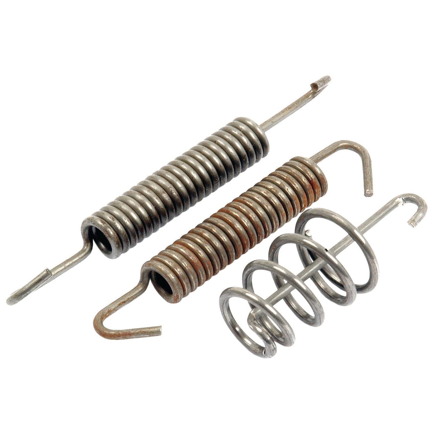 The Brake Shoe Spring Kit (Sparex Part No. S.23211) by Sparex includes three metal tension springs of varying designs: two are cylindrical with hooks at the ends, and one is conical with open coils, ideal for various applications including Ifor Williams trailers.
