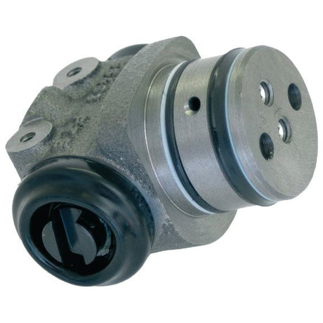 The Sparex Brake Slave Cylinder (RH & LH), Part No. S.37680, is a precisely engineered metal hydraulic valve with a cylindrical shape, multiple holes, and a black rubber component attached at the end, designed to fit seamlessly in the brake system of Fendt FARMER tractors.
