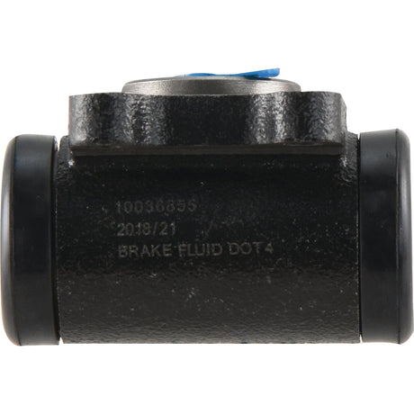 The black metal cylindrical component with the text "10036855 2018/21 BRAKE FLUID DOT4" features black end caps and a metallic top section. It is ideal for use in Deutz-Fahr's Agroprima series and is marketed as the Brake Slave Cylinder (RH & LH) under Sparex Part No. S.37683 by the brand Sparex.