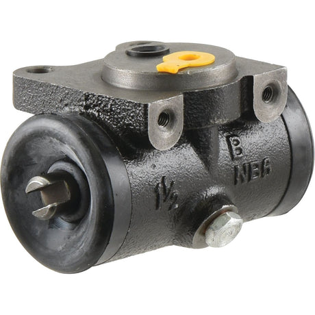The Brake Slave Cylinder (RH & LH) by Sparex, with part number S.38237, features a 44mm black and silver body with a yellow cap. This component is designed for use in automotive braking systems and includes hose fittings and mounting holes. It is compatible with Case IH and International Harvester models.
