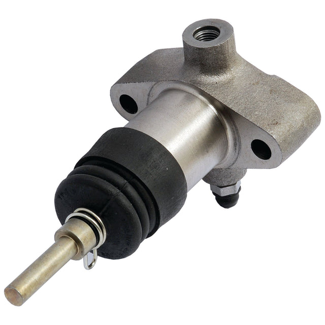 Close-up of a metal mechanical component with a cylindrical body, protruding rod, and mounting holes. The Sparex Brake Slave Cylinder (RH & LH) | Sparex Part No. S.38294 has a metallic finish and a black rubber section near the rod end. This Renault compatible part also includes mineral oil fitting capabilities.
