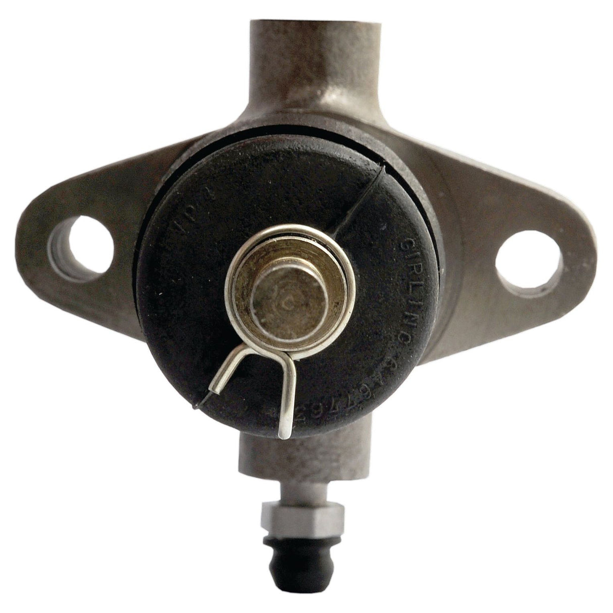 Close-up of a metal Brake Slave Cylinder, Sparex S.38294, with a black cap and spring clip, featuring two mounting holes on either side.