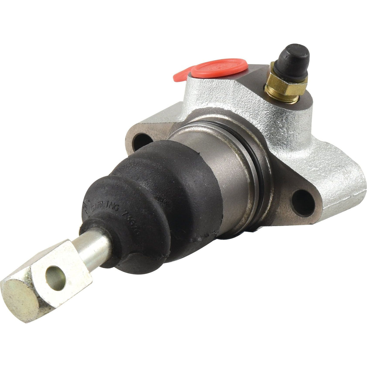 The Sparex Brake Slave Cylinder (RH & LH), Part No. S.67897, is a mechanical component with a cylindrical shape, featuring a metallic body covered in rubber and equipped with attachment points. It has a red cap and a nozzle-like protrusion on one end, using mineral oil for optimal performance.