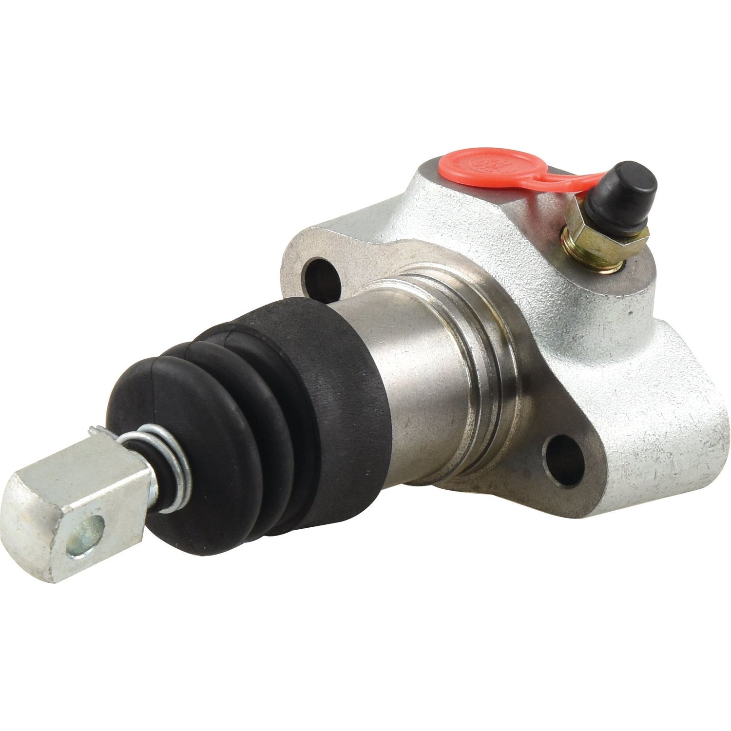 The Brake Slave Cylinder (RH & LH) from Sparex, Part No. S.73120, is designed for a David Brown and features a cylindrical metal body with black rubber bellows, a mounting flange with two holes, as well as a red cap and valve on top. It is compatible with mineral oil.