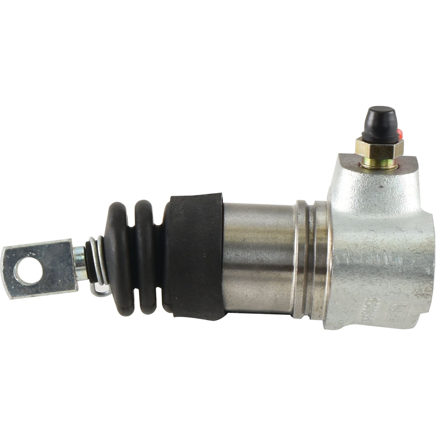 The Sparex Brake Slave Cylinder (RH & LH), Part No. S.73120, features a cylindrical metal body, a black rubber section, a small red and black button on the top, and a metal bracket on one end. This component is compatible with mineral oil and is ideal for David Brown machinery.