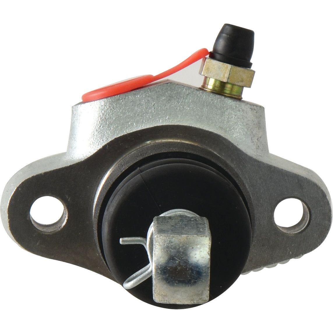An image of a Sparex Brake Slave Cylinder (RH & LH), part number S.73120, featuring two mounting holes on either side, a black central component, and a red wire connected to a small metal attachment.