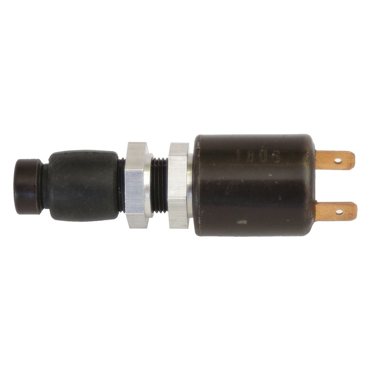 Close-up of a black electrical component with a cylindrical shape, metal threading, and two brass prongs. This high-quality Brake Switch (Sparex Part No. S.31974) by Sparex is perfect for Deutz-Fahr AGROSTAR machinery.