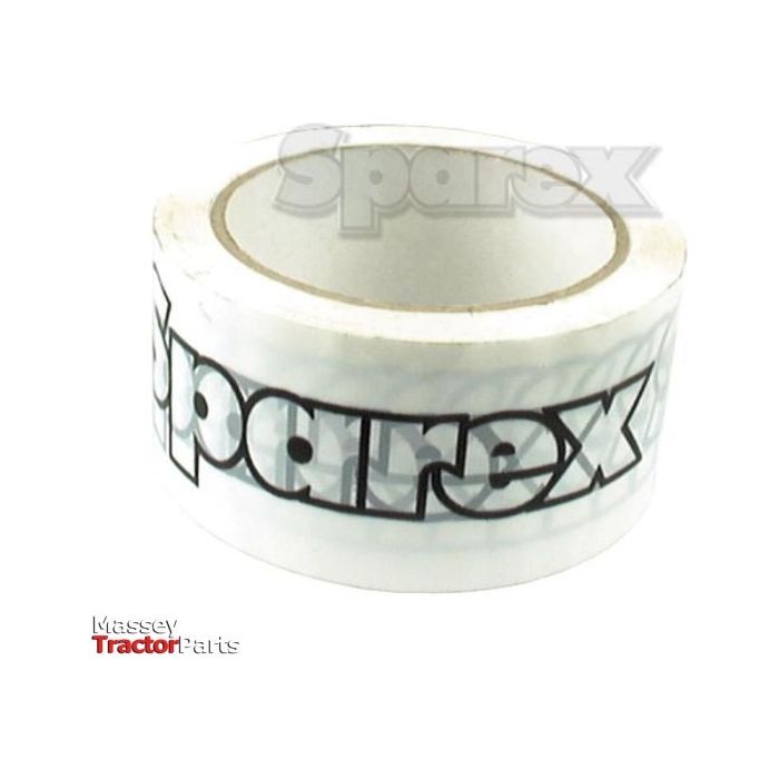 A roll of Sparex Brand Tape, featuring the "Sparex" logo in black letters and the "Massey Tractor Parts" logo nearby. The tape is predominantly white with a dark lettering pattern, measuring 50mm in width and 66m in length (Product Code: S.4633).