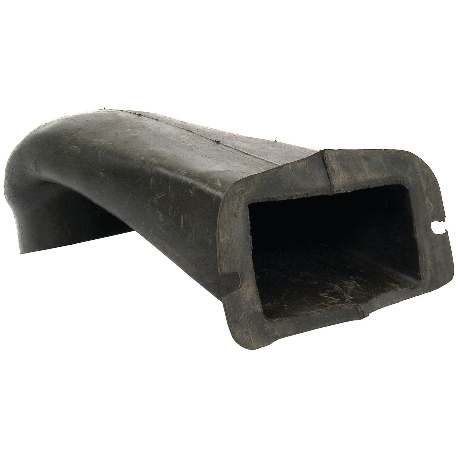 A black, rectangular, rubber breather hose with a slightly curved shape and an open end, often used in Massey Ferguson and Landini machinery. It's the Breather Hose by Sparex, Part No.S.43724.